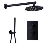 LCHJX Shower System Black Thermostatic Shower Faucet Set Brass Wall Mounted Multifunction Dual Handle Shower Combo Set with Round Rain Shower Head, Handheld Shower,12 Inch,10 Inch,10 Inch