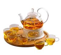 LCHJX Tea Cup Set Tea Set Teapot Set 810ml Glass Tea Set with Wooden Round Tray Teapot Ceramic Base Warm Candle Holder Tea Pot Cup Fruit Juice Water Kettle Tea Cups Coffee Cup Set Tea Pot Set