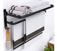 LCHJX Towel Rail Bathroom Towel Rack, Foldable Double Wall Towel Rack, Solid Aluminum Alloy Matte Black Finish with Black Wall Hooks/Black/50Cm It's so kind of you