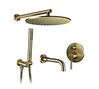 LCHJX Wall Mounted Brushed Gold Brass Bathroom Shower Set with 8-12 Inch Brass Round Rainfall Shower Head Handheld Shower and Tub Taps, Luxury Shower Set