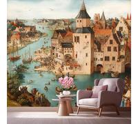 LCHMQ TapeteVintage Painting Medieval HarborFototapete Selbstklebend WandposterClassical Style Old Town PortSchlafzimmer Wanddekoration DIY Wandverkleidung 350x240cm