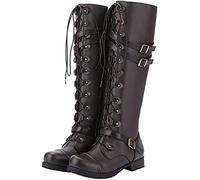 Lchongzhuo Women's Winter Retro Boots Steampunk Gothic Vintage Style Punk Buckle Lace-Up Knee Round Toe Shoes Military Combat Boots Women's Flat Leather Lace Up Knee High Boots