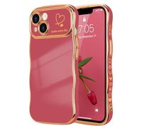 LCHULLE for iPhone 13 Case for Women Girls,Cute Curly Wave Frame Shape Love Heart Pattern Phone Case,Raised Camera Protection Case Luxury Plating Shockproof Cover for iPhone 13 6.1",Faint Red