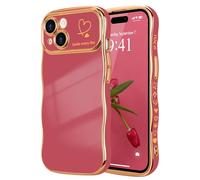 LCHULLE for iPhone 15 Case for Women Girls,Cute Curly Wave Frame Shape Love Heart Pattern Phone Case,Raised Camera Protection Case Luxury Plating Shockproof Cover for iPhone 15 6.1",Faint Red