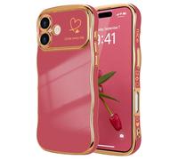LCHULLE for iPhone 17 Case for Women Girls,Cute Curly Wave Frame Shape Love Heart Pattern Phone Case,Raised Camera Protection Plating Shockproof Cover for iPhone 17,Faint Red