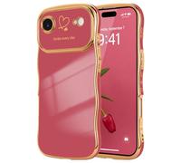 LCHULLE for iPhone Air Case for Women Girls,Cute Curly Wave Frame Shape Love Heart Pattern Phone Case,Raised Camera Protection Plating Shockproof Cover for iPhone 17 Air,Faint Red