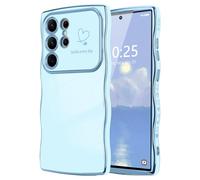 LCHULLE for Samsung Galaxy S22 Ultra Case,Cute Wave Frame Curly Shape Love Heart Phone Case for Women Girls,Luxury Plating Shockproof Protection Cover for Samsung S22 Ultra,Blue