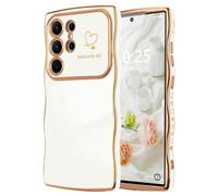LCHULLE for Samsung Galaxy S24 Ultra Case,Cute Wave Frame Curly Shape Love Heart Phone Case for Women Girls,Luxury Plating Shockproof Protection Cover for Samsung S24 Ultra,White