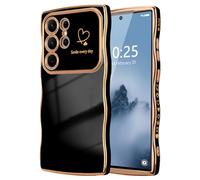 LCHULLE for Samsung Galaxy S25 Ultra Case,Cute Wave Frame Curly Shape Love Heart Phone Case for Women Girls,Luxury Plating Shockproof Protection Cover for Samsung S25 Ultra,Black