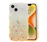 LCHULLE Glitter Case for iPhone 14 iPhone 13,Cute Curly Wave Frame Sparkle Love Heart Stars Clear Bling Phone Case for Women Girls,Crystal Shiny Diamonds Sequins Full Camera Protection Cover,Orange