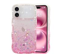 LCHULLE Glitter Case for iPhone 16,Cute Curly Wave Frame Sparkle Love Heart Stars Clear Bling Phone Case for Women Girls,Crystal Shiny Diamonds Sequins Full Camera Protection Cover,Pink
