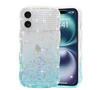 LCHULLE Glitter Case for iPhone 16 Plus,Cute Curly Wave Frame Sparkle Love Heart Stars Clear Bling Phone Case for Women Girls,Crystal Shiny Diamonds Sequins Full Camera Protection Cover,Blue