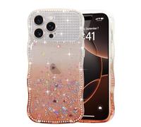 LCHULLE Glitter Case for iPhone 16 Pro,Cute Curly Wave Frame Sparkle Love Heart Stars Clear Bling Phone Case for Women Girls,Crystal Shiny Diamonds Sequins Full Camera Protection Cover,Brown