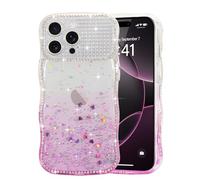 LCHULLE Glitter Case for iPhone 16 Pro Max,Cute Curly Wave Frame Sparkle Love Heart Stars Clear Bling Phone Case for Women Girls,Crystal Shiny Diamonds Sequins Full Camera Protection Cover,Purple