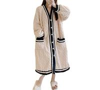 LCHYG Women's Long Kimono Robe Open Front Thicken Flannel Homewear Button Up Nightgown,Beige,M