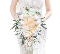 LCiclly 10 Inch Cascading Bouquets for Bride Fall Wedding Bridal Bouquet Large Champagne Beige Ivory White Rose Artificial Silk Flower Boho Rustic Vintage Ceremony Anniversary Decor Toss Bouquet