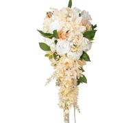 LCiclly 10 Inch Champagne Dahlia White Rose Cascading Bouquets for Bride Pearl Fall Wedding Bridal Bouquet Artificial Silk Flower Boho Rustic Vintage Ceremony Anniversary Decor Toss Bouquet