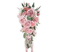 LCiclly 10 Inch Dusty Pink Rose Gold Cascading Bouquets for Bride Summer Fall Wedding Blush Light Pink Artificial Silk Flower Pearl Bridal Bouquet Boho Rustic Ceremony Anniversary Decor Toss Bouquet