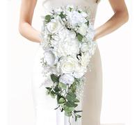 LCiclly 10 Inch White Rose Bouquets for Bride Spring Wedding Cascading Bridal Bouquet Ivory White Sage Green Artificial Silk Flower Winter Boho Rustic Ceremony Anniversary Decor Toss Bouquet
