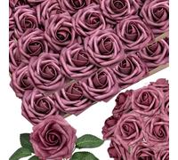 LCiclly 50pcs Artificial Flowers Foam Fake Rose with Stems 12 Leaves Real Looking Faux Roses for Wedding Bouquets Bridal Shower Centerpieces Arrangements Party Tables Decorations DIY (50, Dusty Pink)