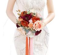 LCiclly 8.6 Inch Wedding Bouquets for Bride Bridesmaid, Burnt Orange Burgundy Rose Bridal Bouquet Terracotta Fall Wedding Artificial Silk Flower Boho Rustic Ceremony Anniversary Decor Toss Bouquet