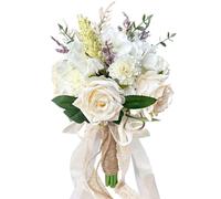LCiclly Wedding Bouquets for Bride Bridesmaid,Small Bouquet White Champagne Ivory Artificial Fake Silk Roses Flowers for Wedding Boho Rustic Church Decoration Toss Bouquet (Champagne White, 7.5in(S))