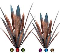 LCJECV Agave Plant Sculpture, 2 Pcs Colorful with Light, Rustic Metal Garden Art for Yard Stakes, Outdoor Patio Decor