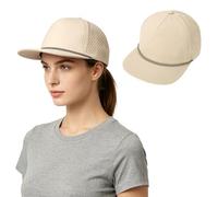 LCKEBT Unisex Flat Brim Baseball Cap, Lightweight Quick-Dry Sports Hat with Breathable Eyelets & Sweatband, Adjustable Snapback Mesh Trucker Hat Sun Protection Cap for Running Cycling Golf Khaki