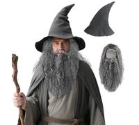 lckellong 3Pcs Wizard Costume Long Grey Wizard Beard And Wig with Wizard Hat Halloween Funny Father Costume Accessory Set