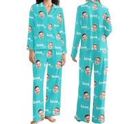 LCMAIT Personalized Pajamas Set with Faces Personalised Long-Sleeve Pyjama Set Custom Loungewear Fun Gifts for Him and Her XS-3XL