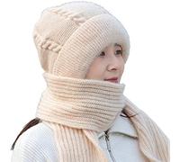 Lcmei Integrated Ear Protection Windproof Cap Scarf Knitting Thickening Hat Winter,Plus Velvet Thick Winter Knitted Hat for Women (Beige)