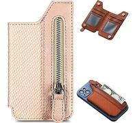 Lcmei Multifunctional Adhesive Phone Wallet Card Holder,Universal Cell Phone Stick On Card Wallet Sleeve with Zipper,Textured Leather Mobile Stand for Back Case,Flip Bracket (Khaki)