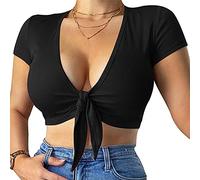 LCNBA Deep v Neck Short Sleeve Crop Top,Bandage Cross Wrap Tie Up Crop Tops - Black - Small