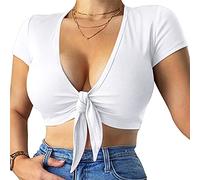 LCNBA Deep v Neck Short Sleeve Crop Top,Bandage Cross Wrap Tie Up Crop Tops, White, XL