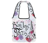 lcndlsoe Canvas Tote Bag, Abstract Bonjour Paris Eiffel Tower Love Star Flowers Women's Shoulder Handbag for Work Shopping Gym