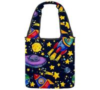 lcndlsoe Canvas Tote Bag, Cartoon UFO Rocket Planet Star Women's Shoulder Handbag for Work Shopping Gym