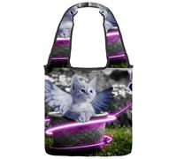 lcndlsoe Canvas Tote Bag, Cat Angel Butterfly Blue Women's Shoulder Handbag for Work Shopping Gym