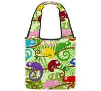 lcndlsoe Canvas Tote Bag, Colored Chameleons Reptile Lizard Tropical Leaves Pattern Women's Shoulder Handbag for Work Shopping Gym