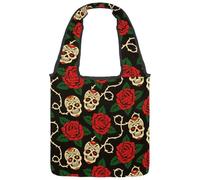 lcndlsoe Canvas Tote Bag, Day of Dead Mexican Sugar Skulls with Red Roses Women's Shoulder Handbag for Work Shopping Gym