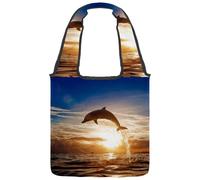 lcndlsoe Canvas Tote Bag, Dolphin Jumping Shining Sunset Sea Water Surface Women's Shoulder Handbag for Work Shopping Gym