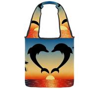 lcndlsoe Canvas Tote Bag, Dolphins with Palm Trees Women's Shoulder Handbag for Work Shopping Gym