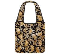 lcndlsoe Canvas Tote Bag, Gold Skulls Glitter Triangles Day of the Dead Pattern Women's Shoulder Handbag for Work Shopping Gym