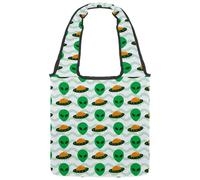 lcndlsoe Canvas Tote Bag, Green Alien UFO Invasion Spaceship Pattern Women's Shoulder Handbag for Work Shopping Gym