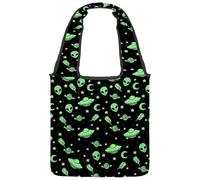 lcndlsoe Canvas Tote Bag, Green Alien UFO Moon Women's Shoulder Handbag for Work Shopping Gym