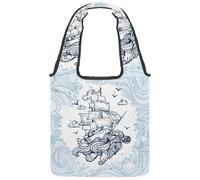 lcndlsoe Canvas Tote Bag, Hand Drawn Boat with Waves Women's Shoulder Handbag for Work Shopping Gym