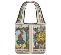 lcndlsoe Canvas Tote Bag, Hanged Man and Wheel of Fortune Tarot Cards Illustration Women's Shoulder Handbag for Work Shopping Gym