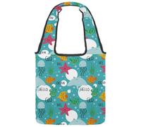 lcndlsoe Canvas Tote Bag, Marine Starfish Seaweed Jellyfish Blue Women's Shoulder Handbag for Work Shopping Gym