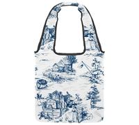 lcndlsoe Canvas Tote Bag, Old Town Village Fishing Scenes White and Blue Color Women's Shoulder Handbag for Work Shopping Gym