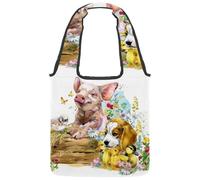 lcndlsoe Canvas Tote Bag, Pig Puppy Dog Fox Ducklings Chick Watercolor Animal Women's Shoulder Handbag for Work Shopping Gym