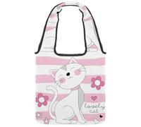 lcndlsoe Canvas Tote Bag, Pink Cute Lovely Cat Cartoon Flower Women's Shoulder Handbag for Work Shopping Gym